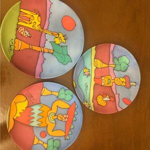 Vintage Set of 3 hand pair silk plates from South Africa-folk art decor